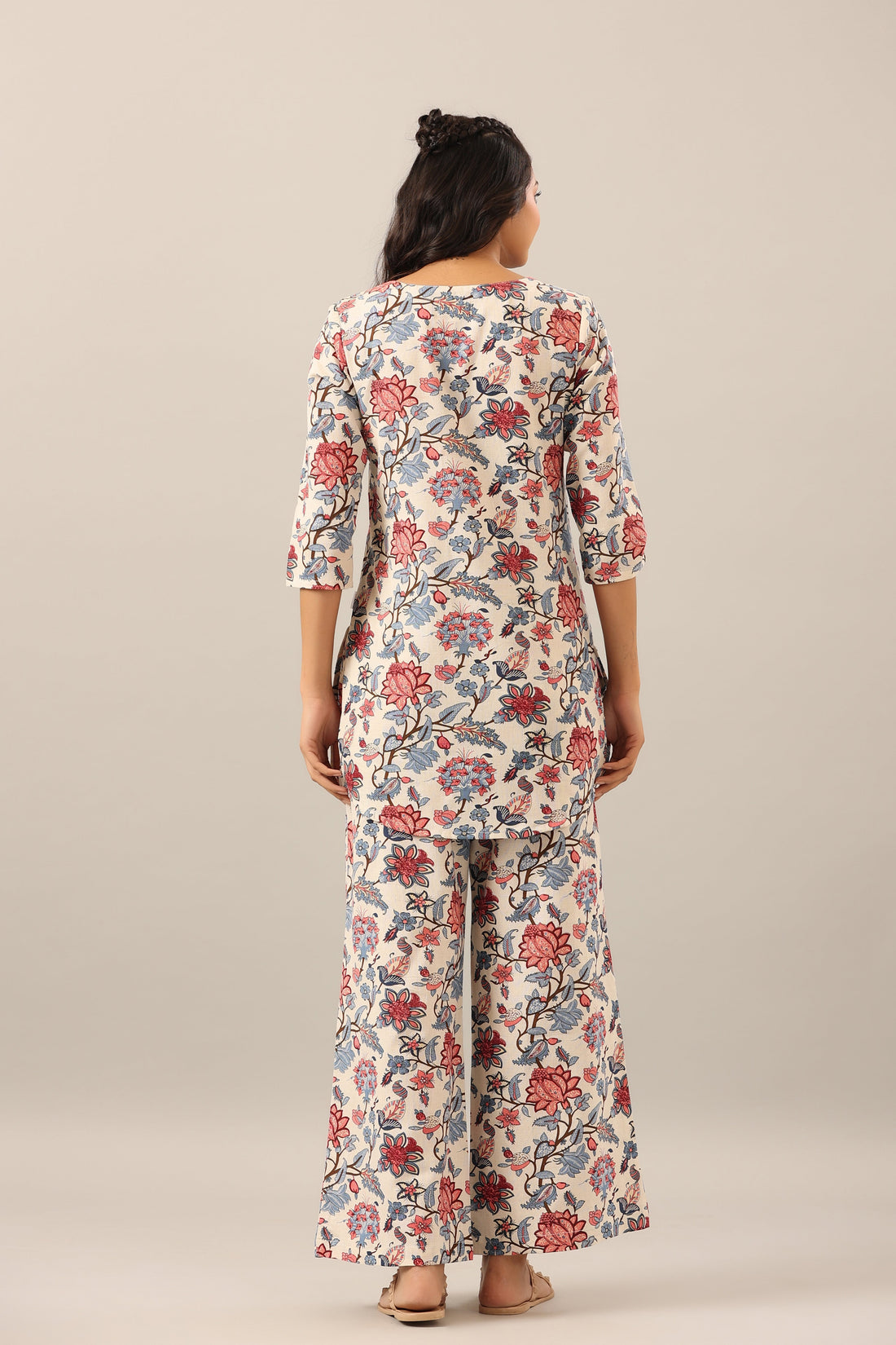 Marine Floral on off white Cotton Flex Palazzo Longwear Set