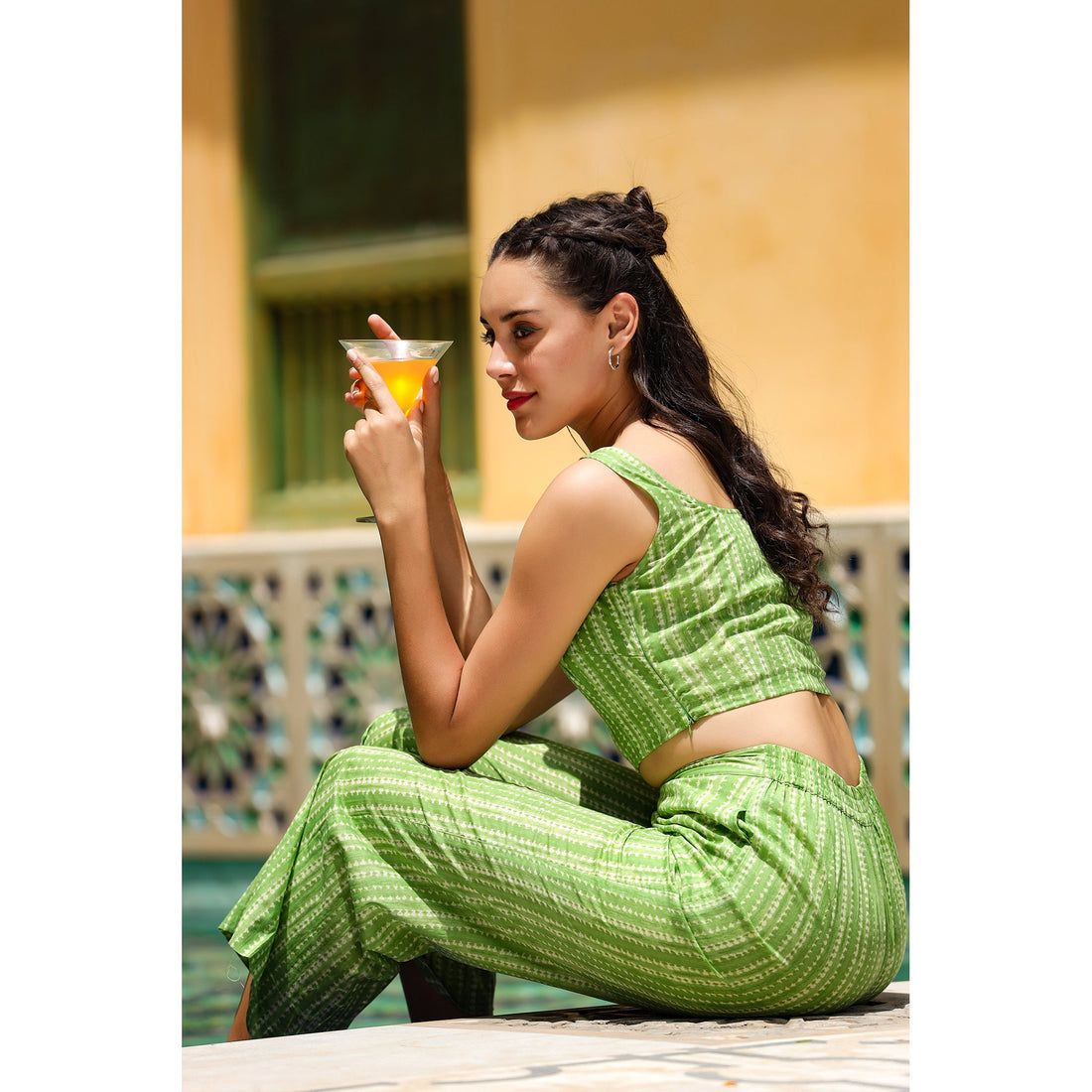 Handcrafted Shibori on Light Green Cotton Three Piece Set